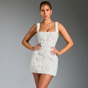 Oh Polly POSY Floral-Appliqué Corset Mini Dress in White